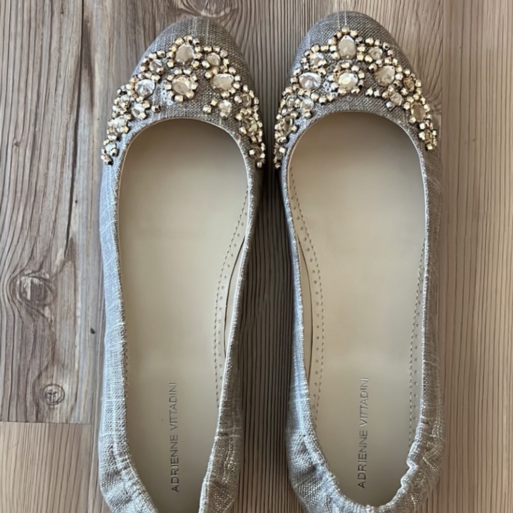 Silver Gray Closed Toe Embellished Crystal Bejeweled Ballet Flat New